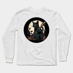 Cat Playing Guitar Vintage - Black Cat Guitar Long Sleeve T-Shirt